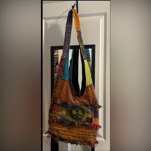 Boho Patchwork Peace Sign Slouchy Shoulder Bag Festival Hippie Purse